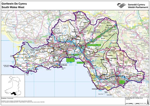 Map o ranbarth Gorllewin De Cymru