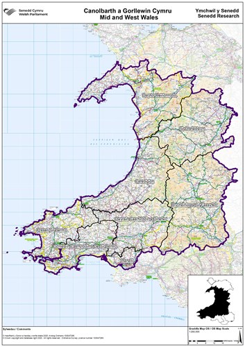 Map o ranbarth Canolbarth a Gorllewin Cymru