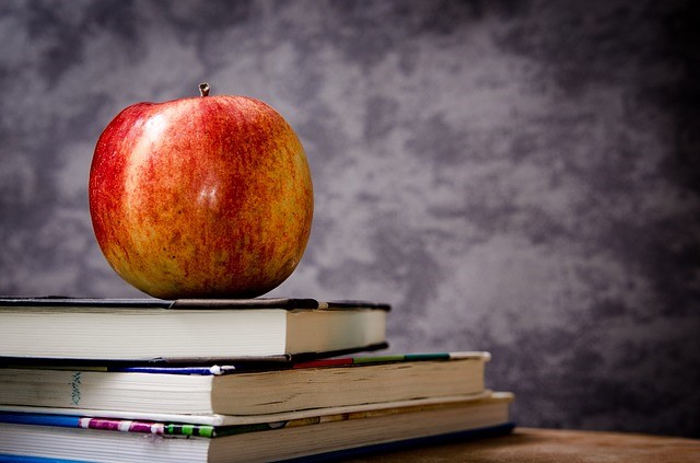 This is a picture of an apple on top of a pile of books